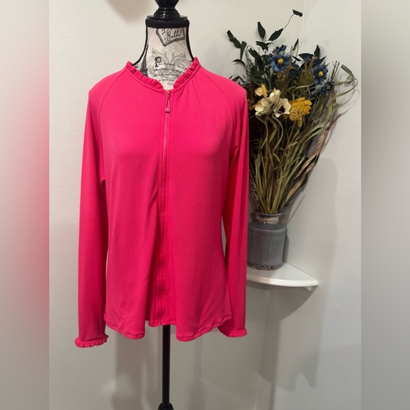 Beach House Pink Long Sleeve Button Down Shirt with ruffled Mandarin Collar - Picture 1 of 8